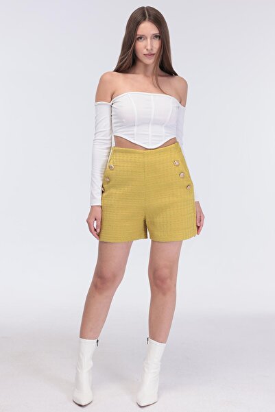 Select Moda Γυναικείο ψηλόμεσο σορτς με χρυσά κουμπιά και λεπτομερείς τσέπες