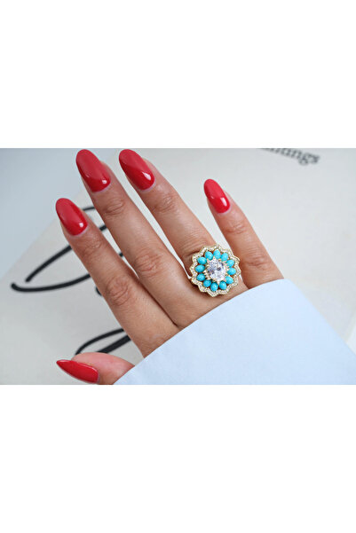ATELİER TUĞBA Yzk553 Gold Turquoise Stone Flower Adjustable Ring