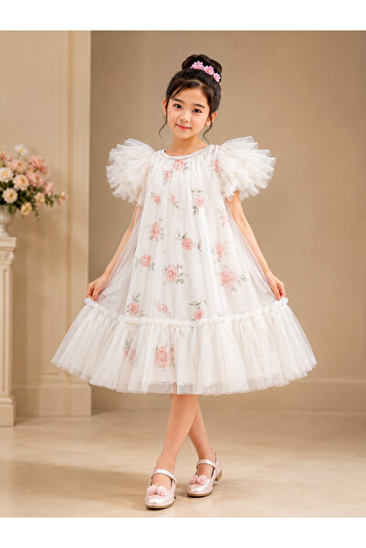 Generic Brand Girls Luxury Floral Print Tulle Party Dress with Puffy Sleeves ...