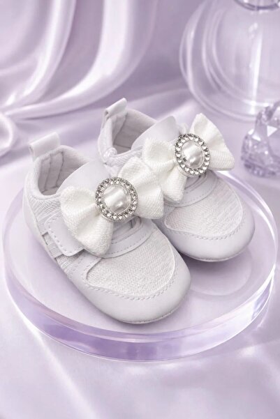 Tuğra Bebe Bow-Tie Stone Detailed Baby Shoes Soft Sole Velcro Baby Booties Sh...