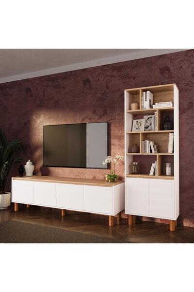Bimossa G4210 Terra Sepet-Beyaz Kitaplıklı TV Ünitesi Seti, 180 cm TV Sehpası ve Kapaklı Kitaplık Takımı