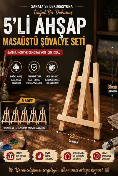 kutuTR 5 Adet Masaüstü Şövale, Ahşap, Mini Şövale, Üç Ayaklı, Resim Şövalesi,...