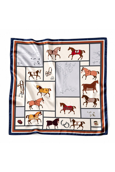 Modabutik Kadın Vintage Binicilik Desenli Saten Bandana 55x55 cm