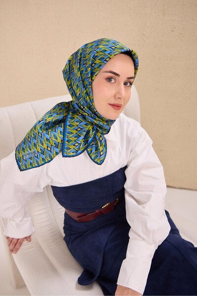 Silk Home Twill İpek Eşarp Yaprak Ritmi Mavi Yeşil 90x90