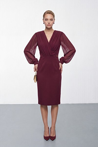 Lafaba Women's Burgundy Double-Breasted Collar Chiffon Sleeve Midi Event Dress