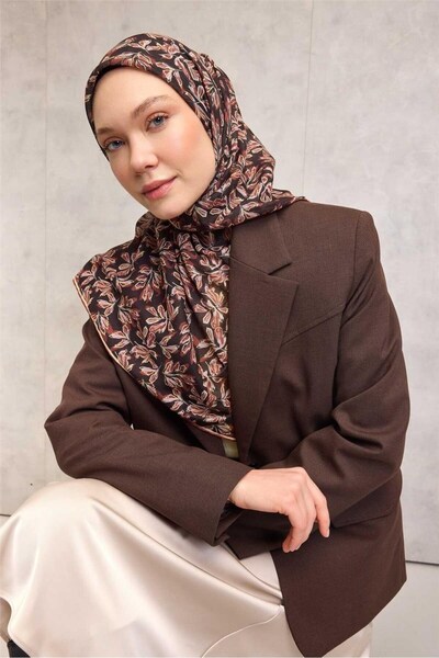 Silk Home Cotton Polyester Soft Scarf Dark Brown Floral Pattern Non-Slip Text...