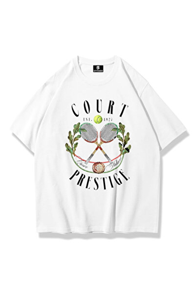 STYKEER Unisex Oversized T-Shirt "Tennis" Printed Loose Fit White T-Shirt