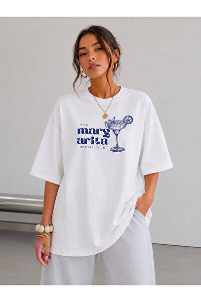 khufu White Oversize Cotton the Margarita Clup Printed Relaxed Fit Unisex T-S...