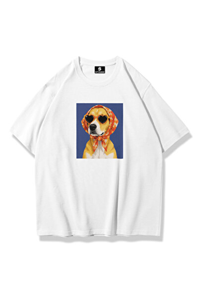 STYKEER تي شيرت أبيض فضفاض مطبوع عليه "DOG" للجنسين