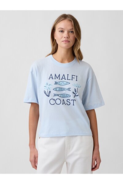 GAP Kadın Açık Mavi Boxy Grafik Baskılı T-Shirt