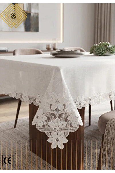 PW pink white home collection Frida %100 Keten Gipürlü Masa Örtüsü (160x300 cm)