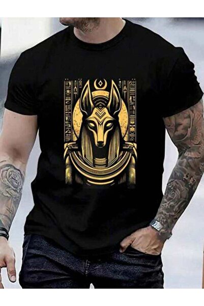 23ERVA تي شيرت رجالي قطني 100% بتصميم الإله أنوبيس والهيروغليفية المصرية - قم...