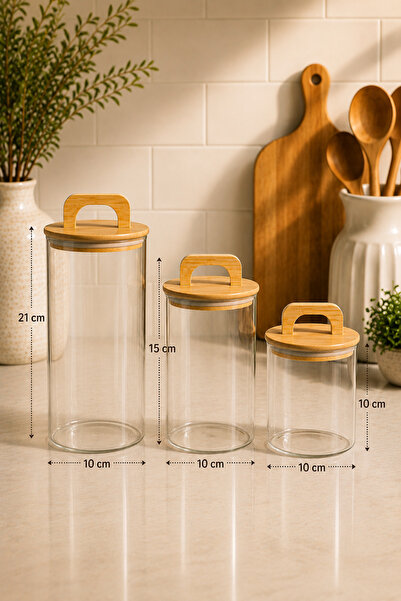 Fhilli Aria - 3'lü Borosilikat Bambu Kapaklı 1300 - 900 -600 ml Kavanoz Takımı Düz