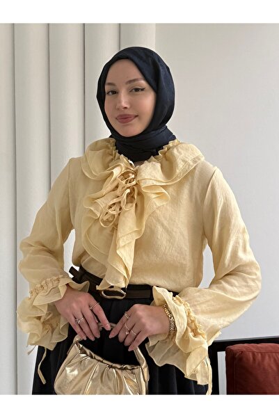 Modaensarbutik V Yaka Kol Ve Yaka Fırfır Detay Gömlek-SARI