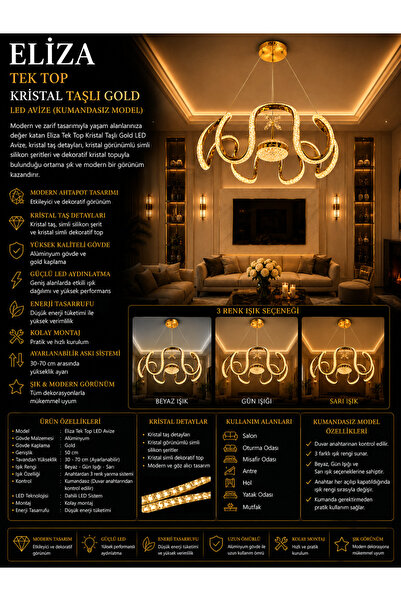 Genel Markalar Eliza Model Kristal Taşlı Tek Toplu LED Avize Gold – 3 Renk Ay...