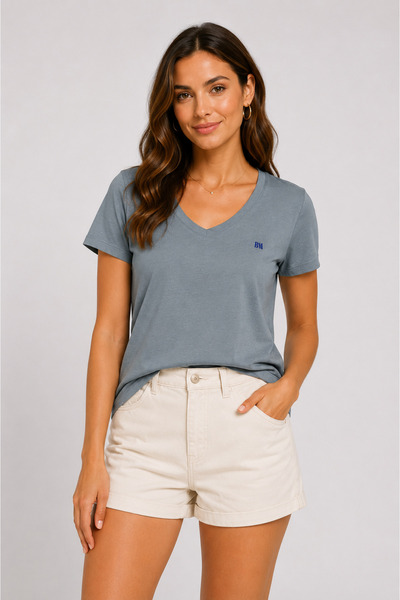 Basics&More Women's 100% Cotton Single Jersey V-Neck Short Sleeve Basic T-Shi...