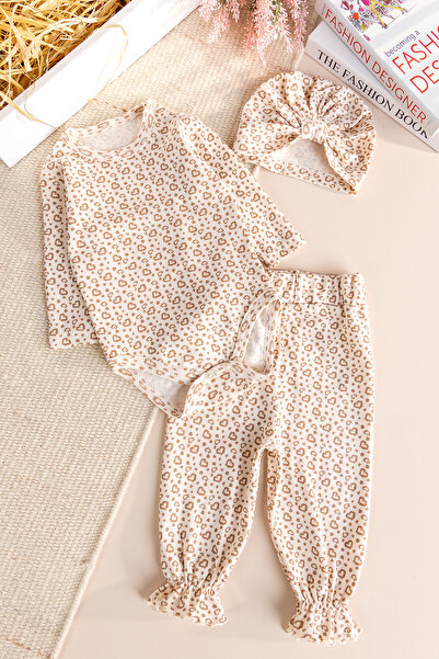 Babymod Heart Patterned Natural 3-Piece Cotton Baby Girl Set