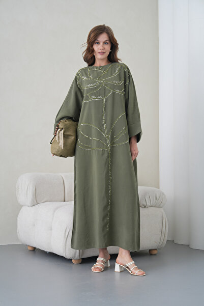 Miss Allos Women's Sequin Embroidered Linen Wide-Fit Long Dress