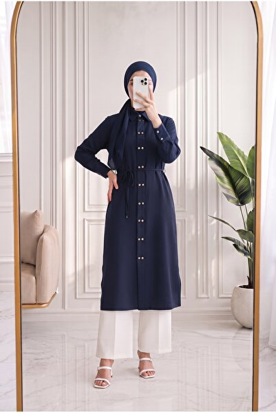 MİHRA STORE Cemay Long Tunic with Double Snap Fasteners and Slits - Gs688 Nav...