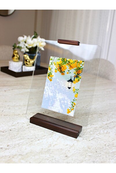Limon Dekor Doğal Ceviz Ahşap Standlı Şeffaf Pleksi Fotoğraf Çerçevesi - Çift Taraflı Yüzer Çerçeve, 10x15 ve 15x21 cm Uyumlu Anı Sergileme Standı (19x24 cm)