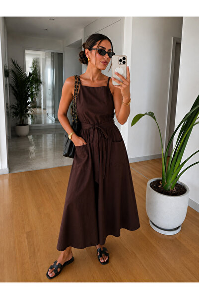 My Blog Brown Thin Straps Front Tie Dress with Pockets - 2Y2011