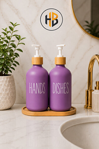 HOBİLON Dekoratif 350+350 ML Bambu Stantlı Porselen Sıvı Sabunluk