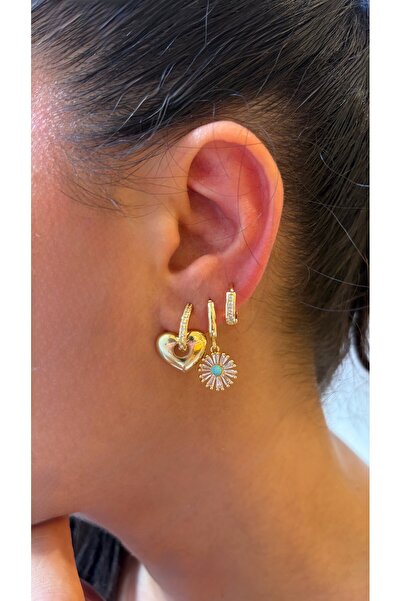 Eylülün Takısı Women's gold color 3-piece stone heart flower model dangle ear...