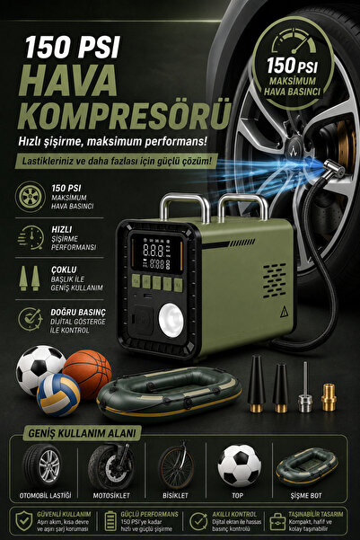 Merwish Akü Takviye 1600A 16.000mAh 150 PSI Hava Kompresörü Powerbank LED Işık Basınçlı Üfleme 4'ü 1 Arada Haki
