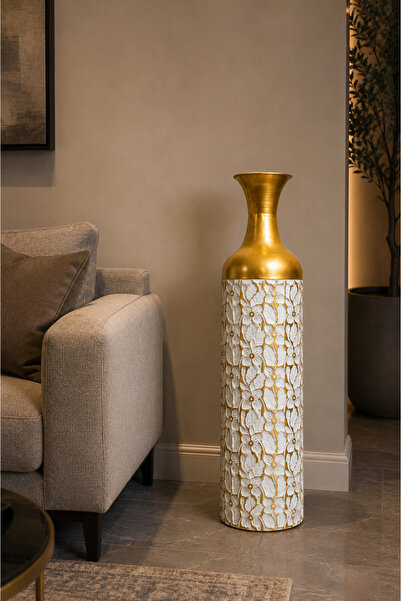 Vien Home Dekoratif Çiçek Desenli Seramik Görünümlü Metal Yer Vazosu Gold-Bey...