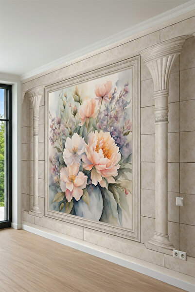dreamwall Sulu Boya Pastel Çiçek Desenli Sütun Görünümlü Tek Parça Tekstil Du...