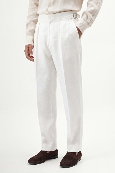 Antioch Ecru 100% Linen Double Pleated Trousers