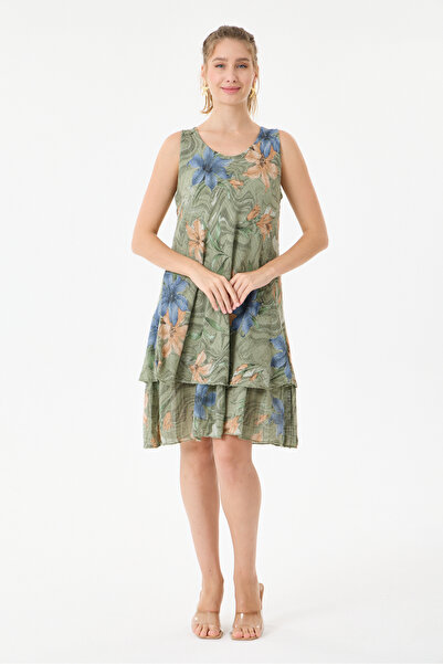 della moor Khaki Italian Floral Patterned Zero Sleeve Lined Short Dress 38 - ...