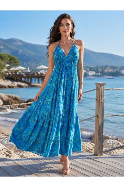 Miss Mexico Halter Neck Backless Silk Dress