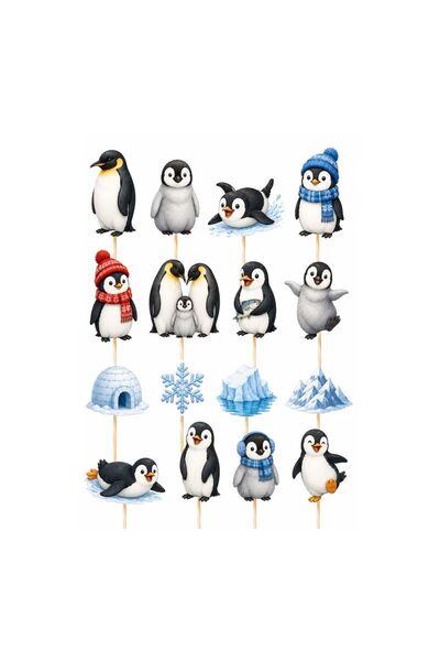 DecoParty Set de decor pentru tort – Tematică Pinguini, 16 piese, Carton, Beț...