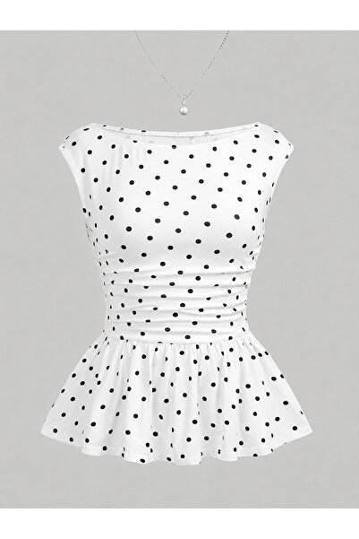 poswicon White Women's Polka Dot Boat Neck Ruffle Hem Blouse
