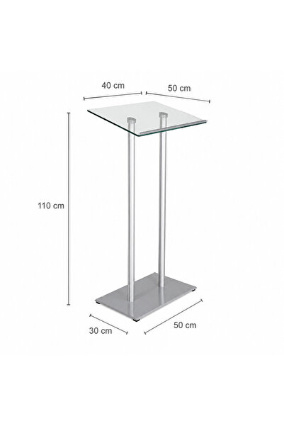 reklam etkisi Kürsü Temperli Cam Gümüş Çelik Tabanlı - Sunum Konuşma Karşılama Standı 60x40 cm