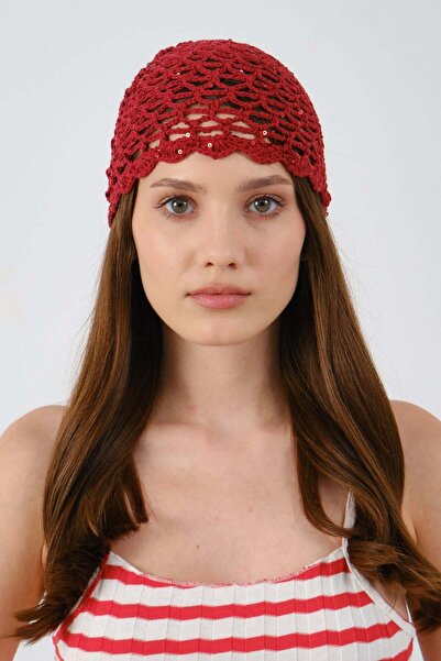 C&City Sequin Detailed Summer Knitted Beanie Y8255 Claret Red
