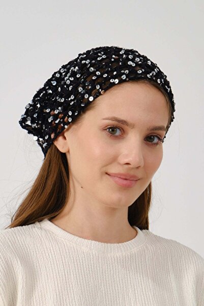 C&City Sequin Detailed Triangular Tied Summer Knitted Beanie Y8250 Black
