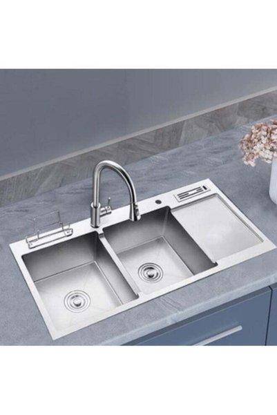 Wonderful-kitchens حوض مطبخ مقاس 100*48 من الفولاذ المقاوم للصدأ بوعاء مزدوج بفتحتين خلاط (حوض فقط)