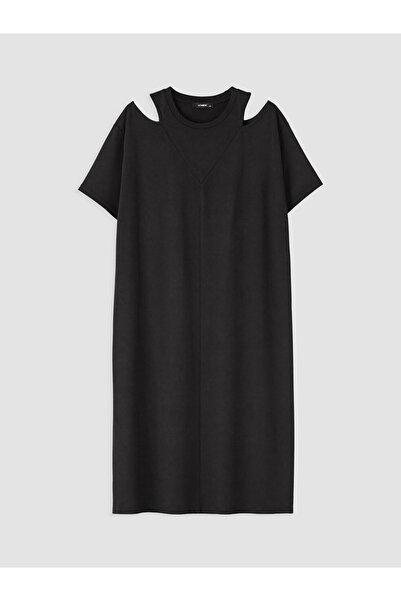 LC Waikiki Black Plus Size Mini Dress with Window Detail on the Shoulder