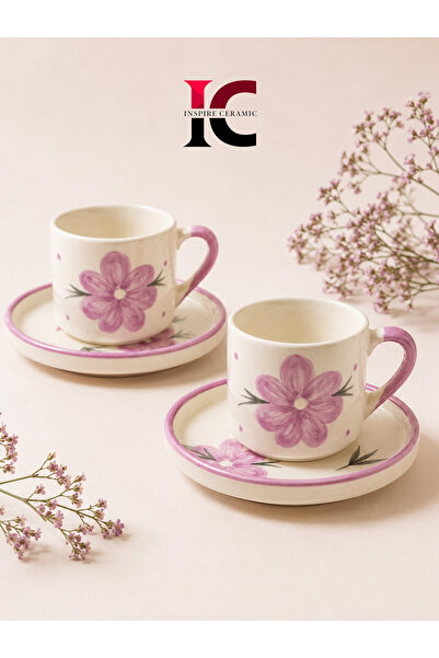 Inspire Ceramic El Yapımı Seramik Lila Çiçekli 2 Kişilik Türk Kahvesi Fincan ...