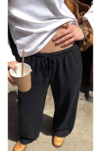 DAMGA JEANS Γυναικείο λινό παντελόνι Palazzo με ελαστική μέση και υφή, σε μαύ...
