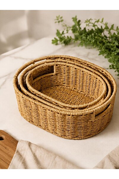 ALBETTO Set of 3 Decorative Plastic Rattan Baskets Hand Knitted Organizer Basket