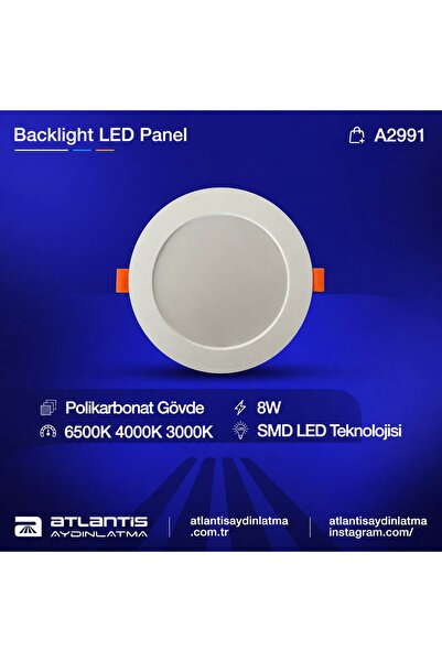 Atlantis 8 Watt Sıva Altı Slim Led Panel Armatür Spot Beyaz Gövde, 4000K