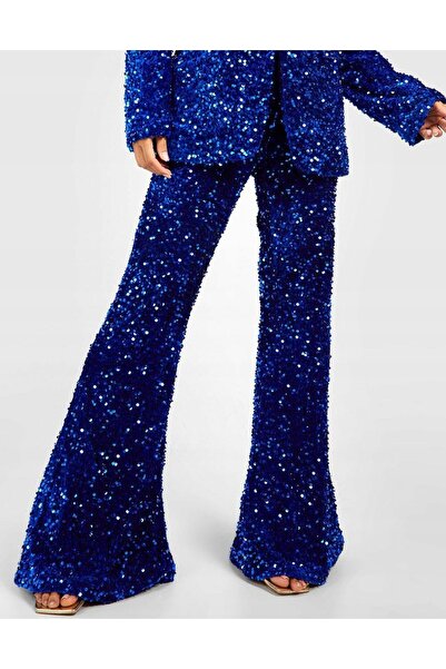 NO BRAND Pantaloni cobalt cu paiete, evazați, cu talie înaltă și buzunare, Bo...