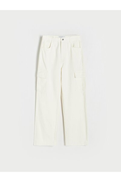 NO BRAND Pantaloni albi, blugi drepți, cu buzunare, talie înaltă, cargo, Rese...