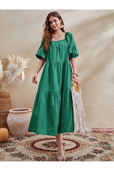NO BRAND Rochie Midaxi verde din bumbac, supradimensionată, cu volane și mâne...