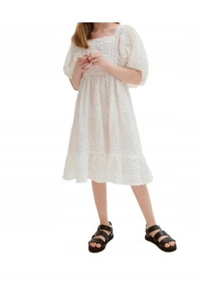 NO BRAND Rochie midi albă clasică din bumbac cu imperfecțiuni, croială în A, ...