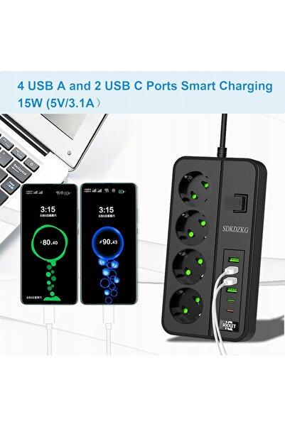 NO BRAND Prelungitor cu 4 prize, 4 porturi USB-A și 2 porturi USB-C Sdkdzkg