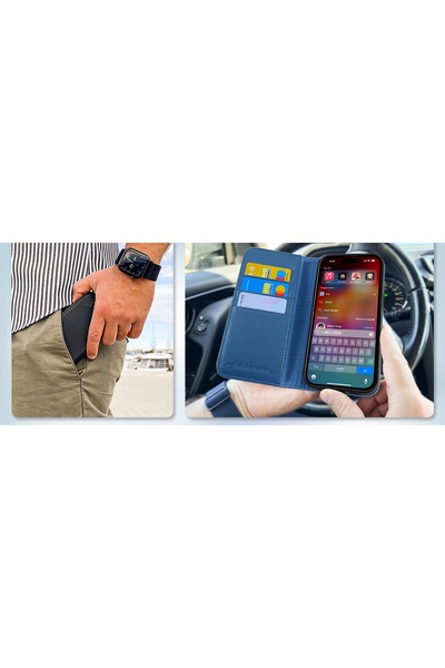 NO BRAND Husă flip din piele de vacă cu suport carduri RFID pentru iPhone 16 ...